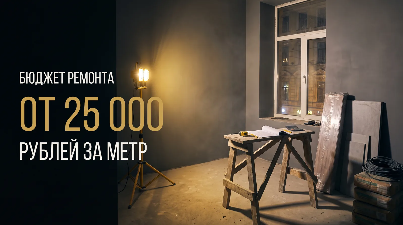 Квартира в ремонте ночью: на козлах смета, рулетка и калькулятор, у стены плитка, ламинат и мешки со смесью