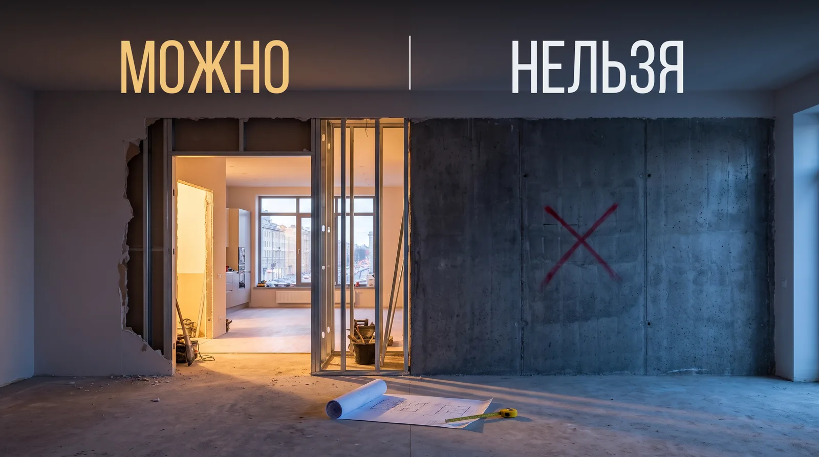 Квартира на ремонте вечером: слева разобранная перегородка из гипсокартона и вид на светлую кухню-гостиную, справа бетонная несущая стена с красным крестом; надписи «Можно» и «Нельзя»
