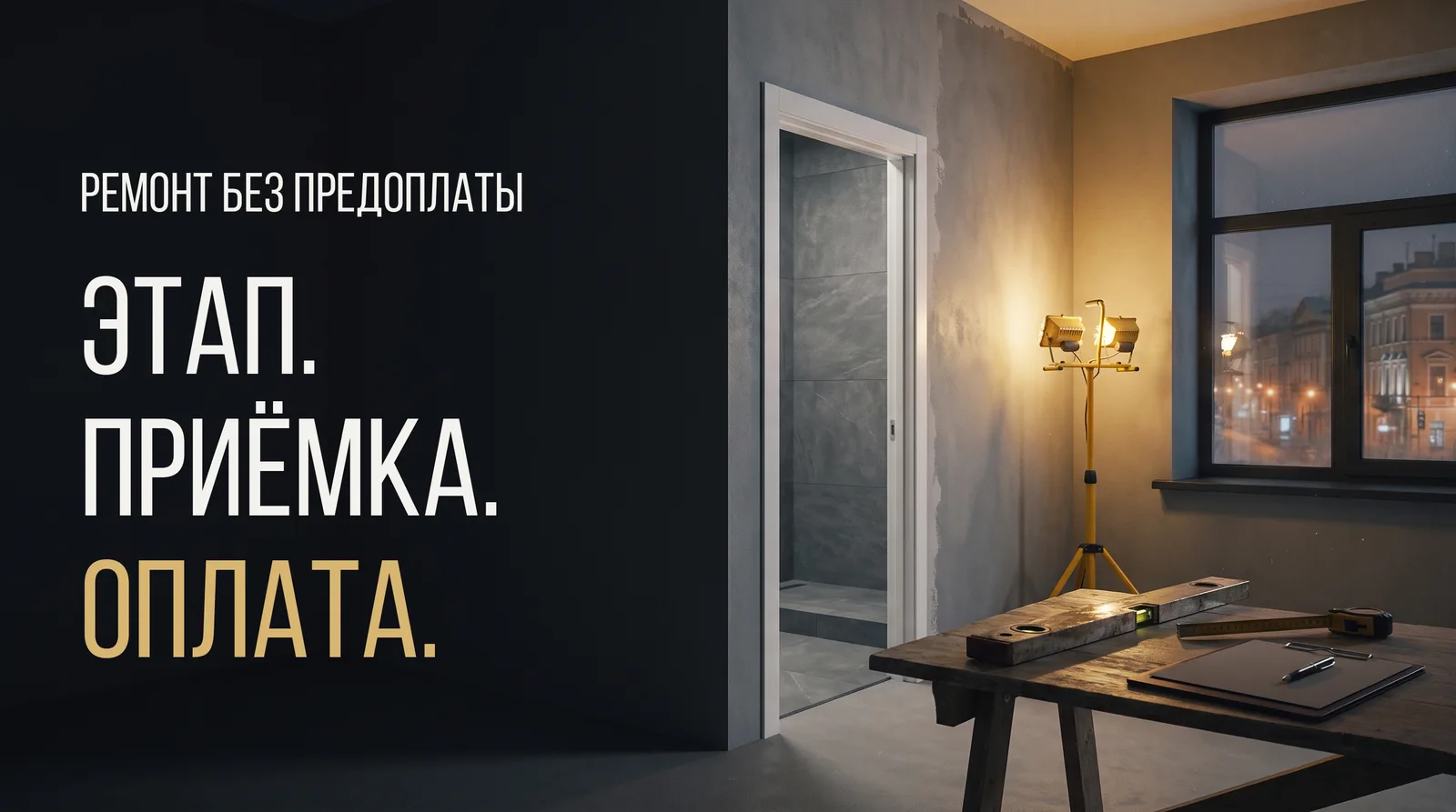 Квартира в ремонте вечером: открытый проём в санузел с новой плиткой, прожектор на треноге, на столе уровень и планшет
