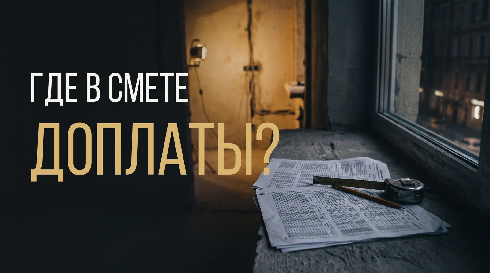 Распечатанная смета на ремонт и рулетка на подоконнике квартиры в черновой отделке