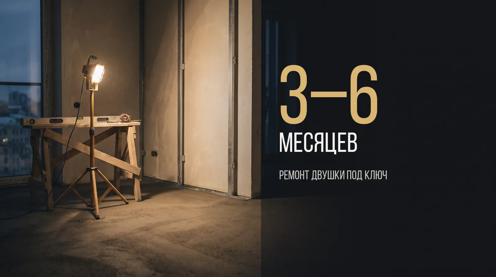Квартира на черновом этапе вечером: стены с маяками, прожектор на треноге, на козлах уровень и рулетка; надпись «3–6 месяцев»